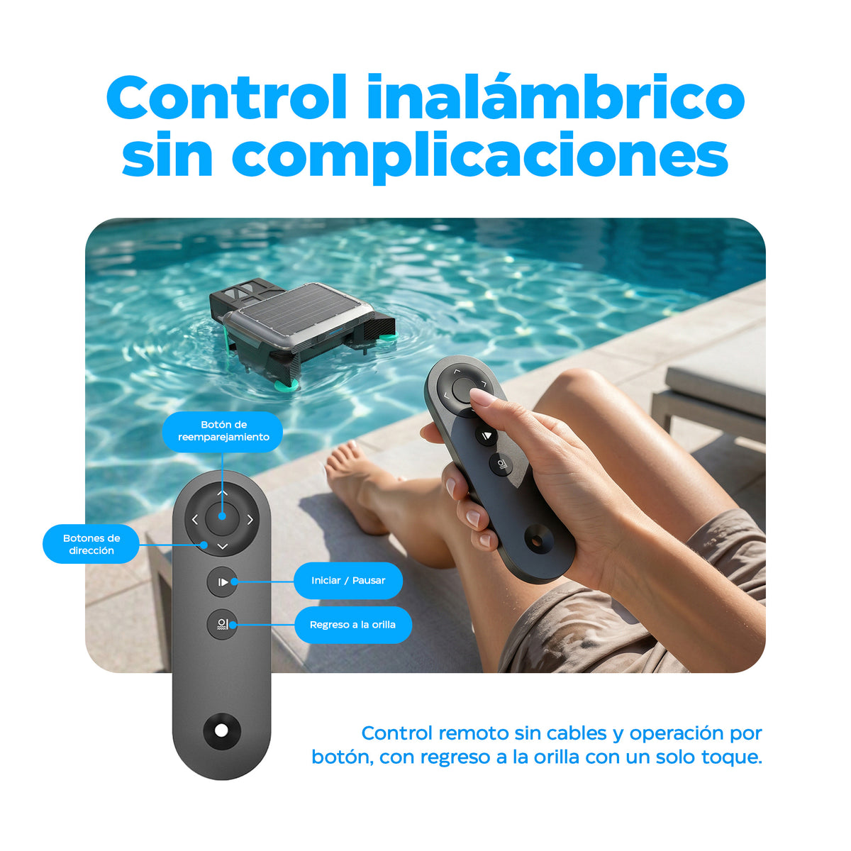 Desnatador Solar para Alberca — Skimmer Limpiador Automático de Superficie con Panel Solar, Batería de Litio, 20 h de Autonomía y Control Remoto
