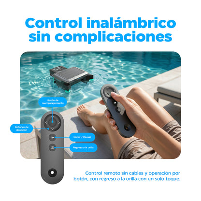 Desnatador Solar para Alberca — Skimmer Limpiador Automático de Superficie con Panel Solar, Batería de Litio, 20 h de Autonomía y Control Remoto