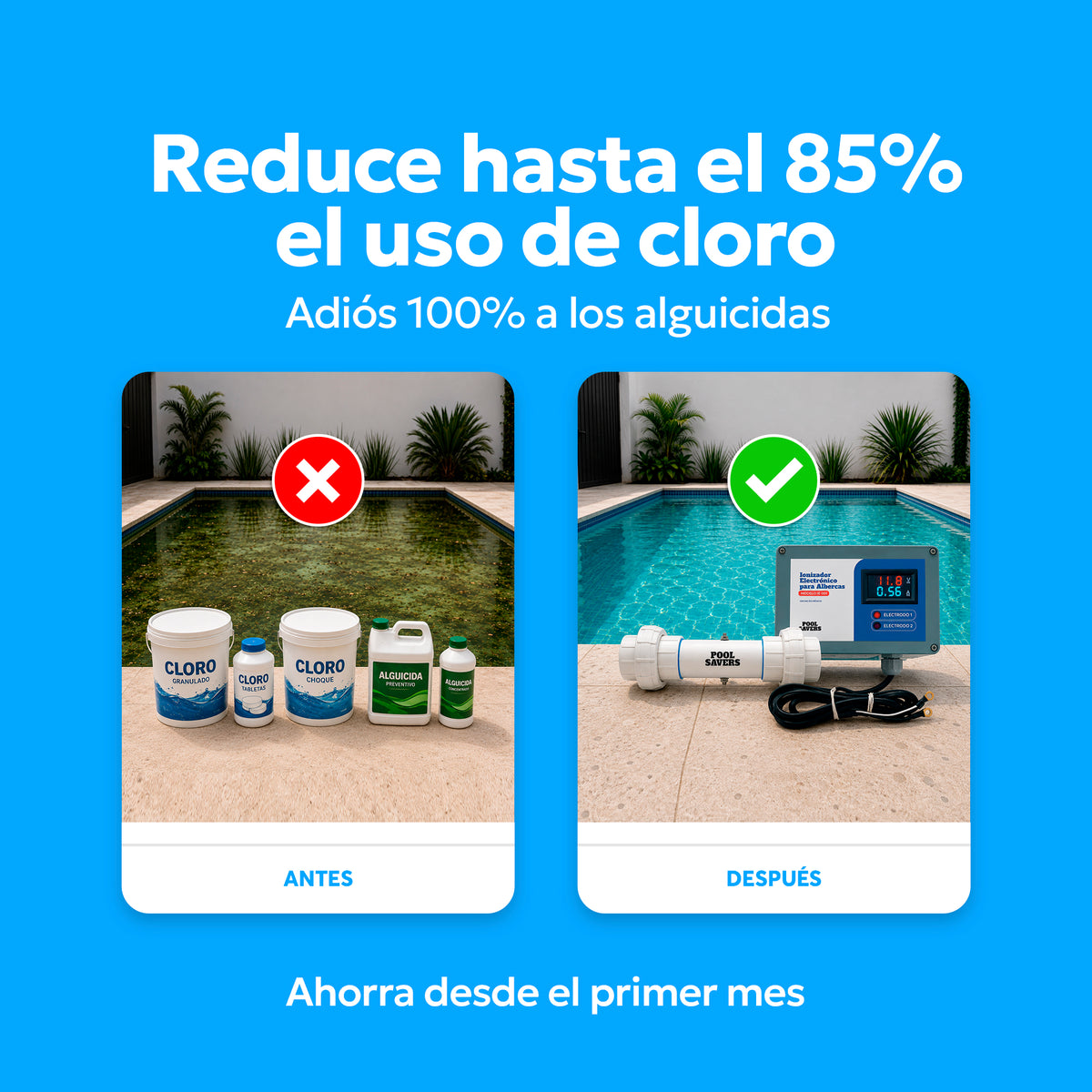 Ionizador Electrónico Para Alberca Piscina. Ahorro en Cloro, Alguicida y Clarificador. Elimina Algas, Virus y Bacterias.