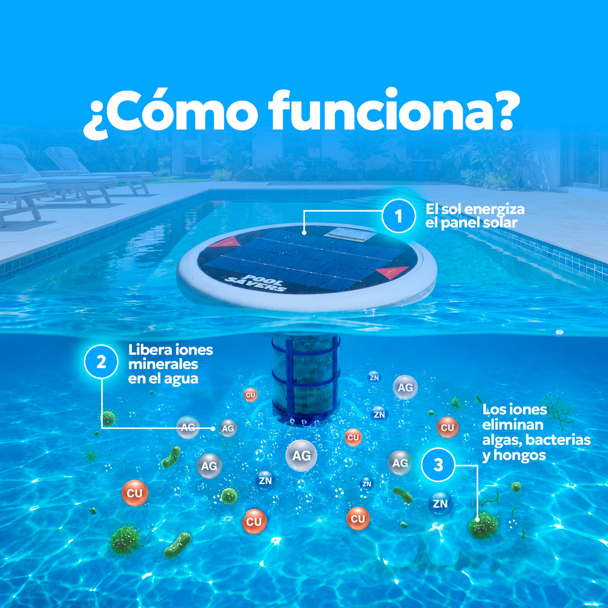Ionizador Solar para Alberca | Reduce Cloro y Elimina Alguicidas | Agua Limpia y Sin Algas – Pool Savers